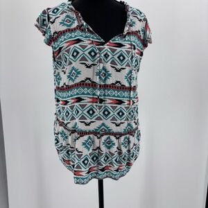 WRANGER RETRO Top Womens M Punchy Aztec Lightweight Ruffle Western Colorful Top